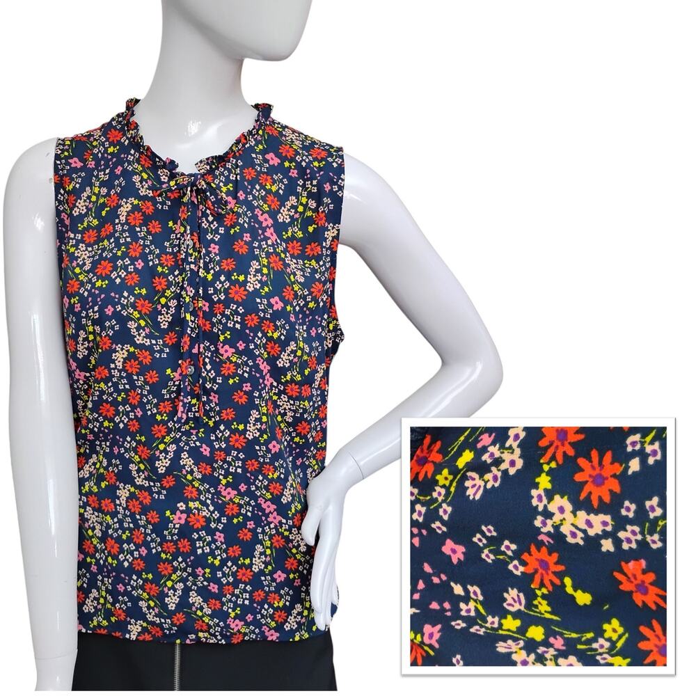 LOFT Outlet Blouse Size Medium Navy Blue with Red and Pink Ditsy Floral Print